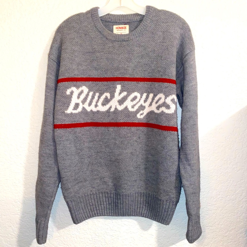 HOMAGE Gray and Red Ohio State Buckeyes Sweater